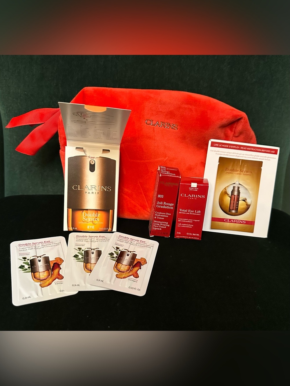 Clarins Eye Double Serum, Total Eye Lift, Lipstick with Red Cosmetic Pouch